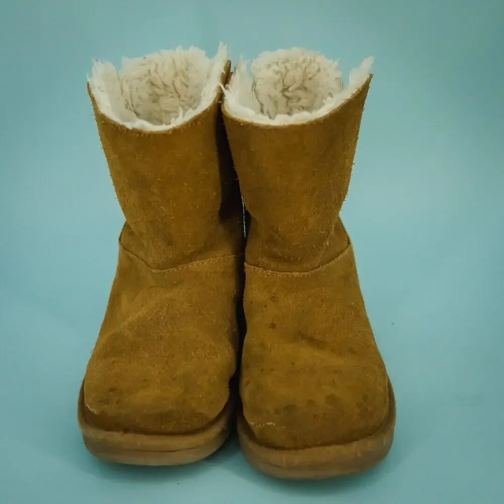 Ugg Koolaburra Size 3 Attie Brown Suede Bow Detail Pull On Sherpa Fleece Boots
